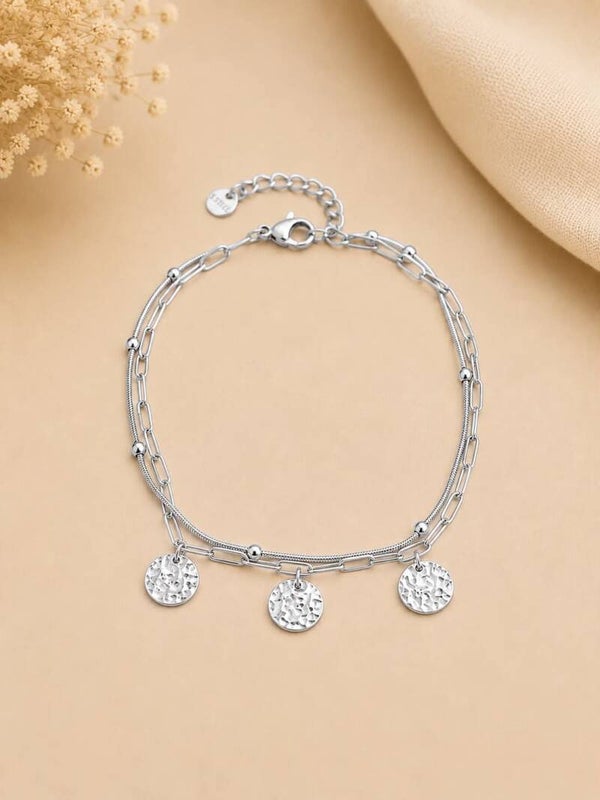 Chaîne de cheville double rang à médaillons martelés Argent