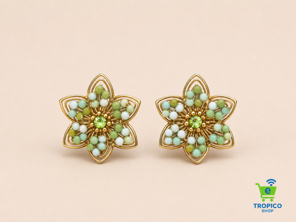 Boucles d'Oreilles Dorées Fleurs Ajourées Avec Perles et Strass Au Centre