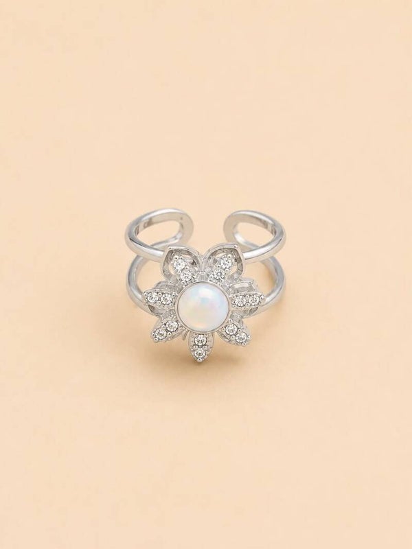Bague anti stress ajustable fleur rotative en strass Argenté