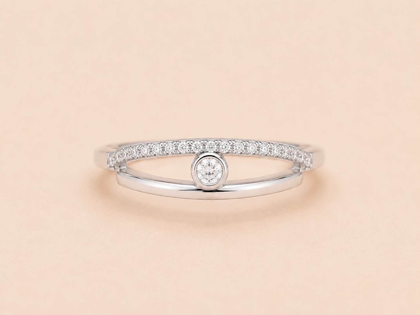 Bague ouverte strass central et double anneau Argent