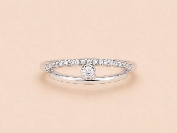 Bague ouverte strass central et double anneau Argent