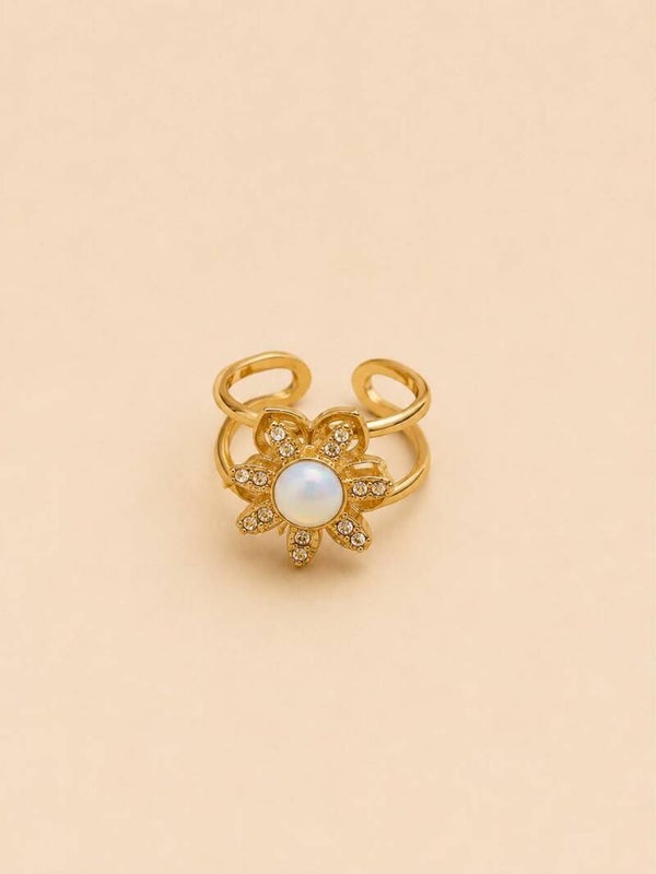Bague anti stress ajustable fleur rotative en strass Doré