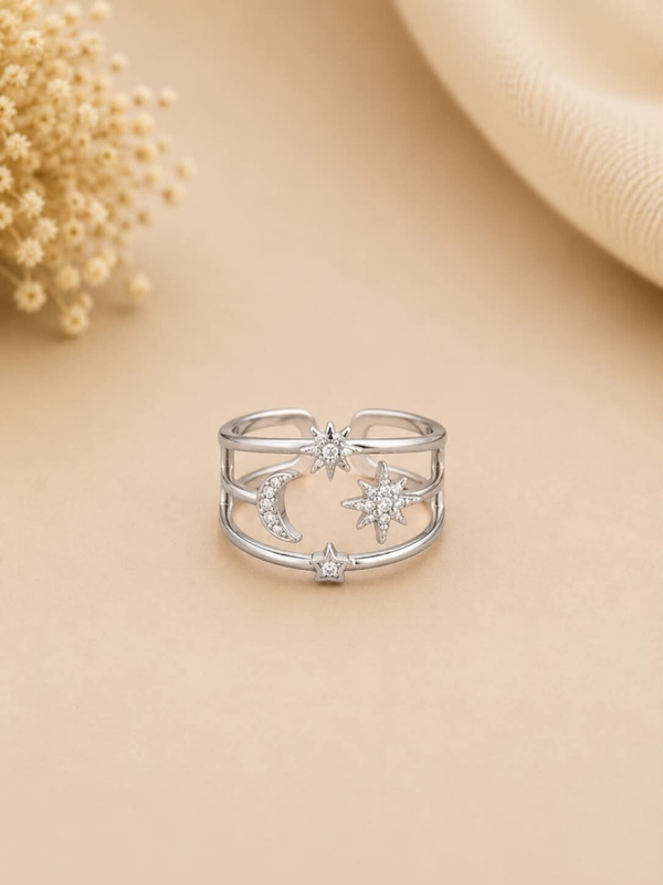 Bague ajustable lune et étoiles serties de strass Argent