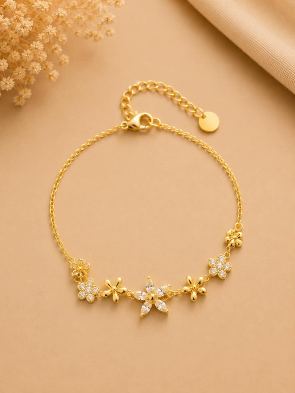 Bracelet à fleurs assorties et strass scintillants Doré