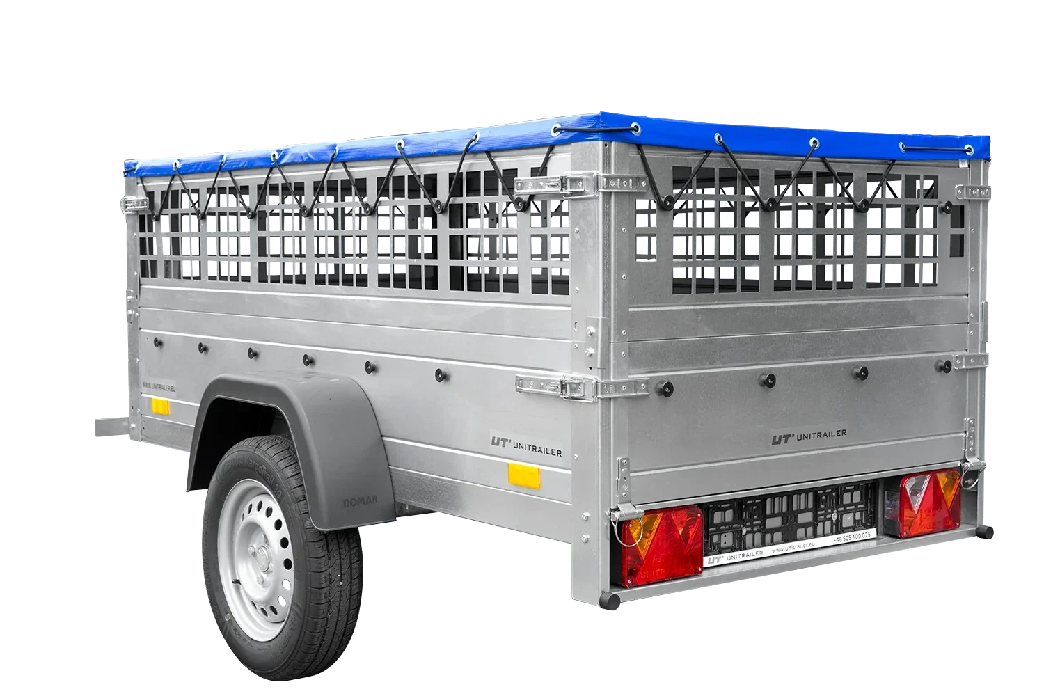 Remorque grillagée 200×106 avec bâche plate bleue, ridelles grillagées et roue jockey – Garden Trailer 200 KIPP