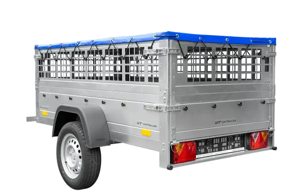 Remorque grillagée 200×106 avec bâche plate bleue, ridelles grillagées et roue jockey – Garden Trailer 200 KIPP
