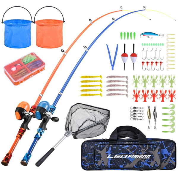 LEOFISHING Portable Kids Fishing Rod Set 2Pack Telescopic Fishing Poles for Boys and Girls Fishing Rod and Reel Combos with Full Kits Fishing Net and Bucket for Toddler Youth