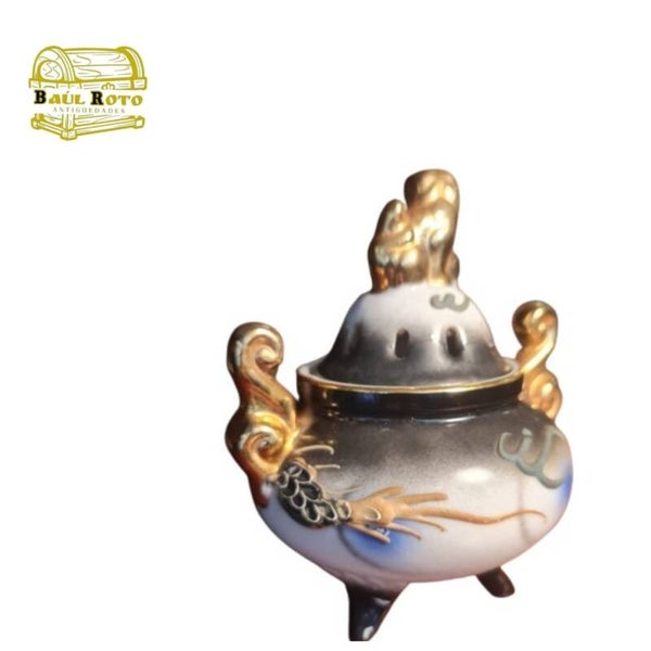 Inciensiario Japonés - Nakasima- Porcela - Dibujo Dragón - 10 Cm X 10 Cm  de Diámetro - Años 50 - 60