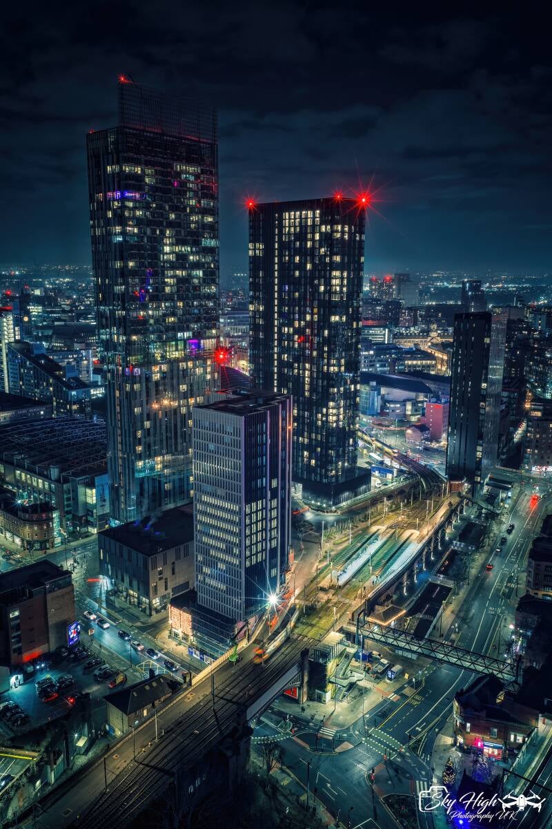 Manchester night aerial photography using a drone