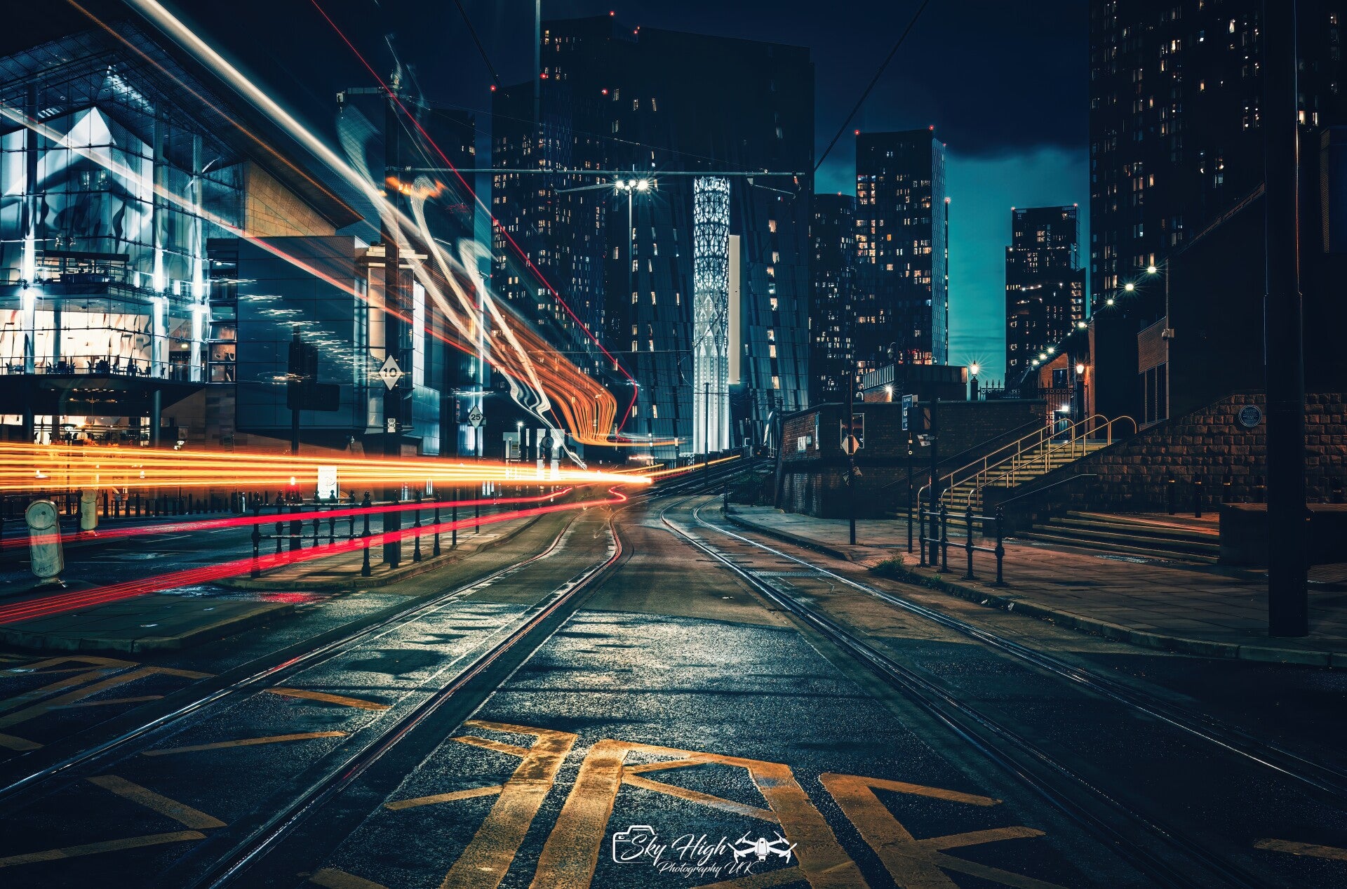 Manchester tram light trails Deansgate Manchester photography workshop 