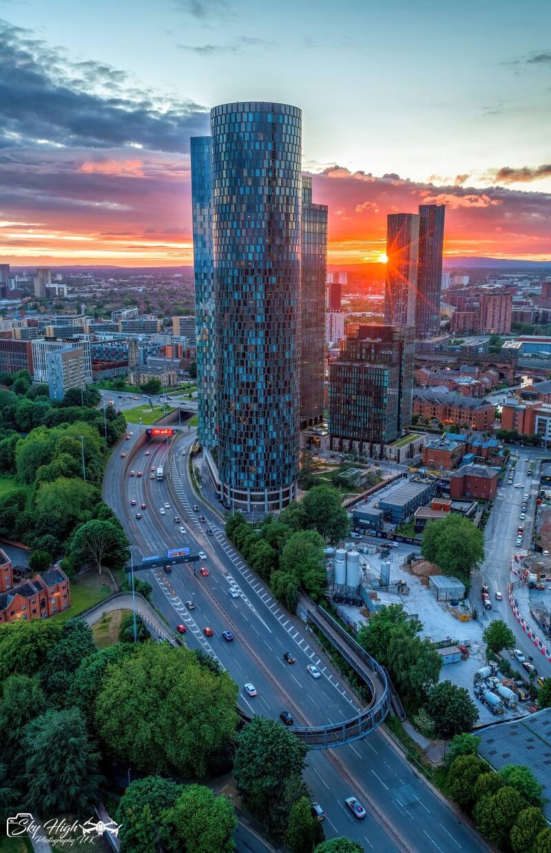 Manchester sunset aerial drone photography by Mike McMahon