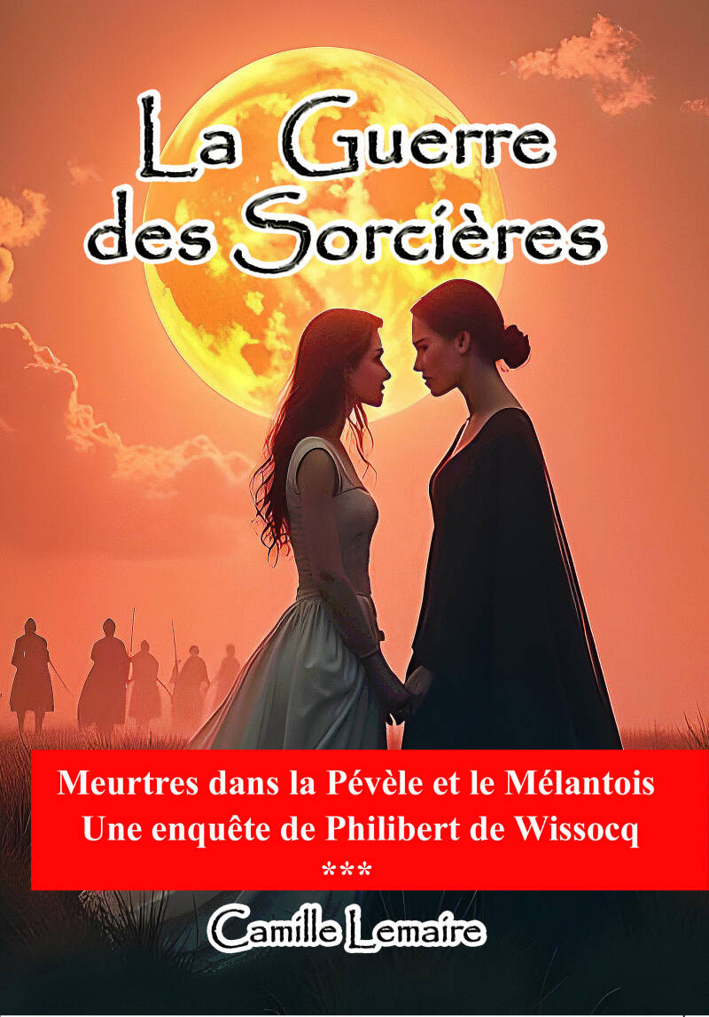 Couverture du roman historique fictionnel La Guerre des Sorcières, de Camille Lemaire, tome 3 de Philibert de Wissocq, représentant deux femmes devant une lune orangée.