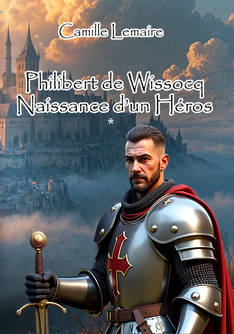 Couverture du roman historique fictionnel Philibert de Wissocq – Naissance d'un héros, de Camille Lemaire, représentant un chevalier en armure devant une cité médiévale.