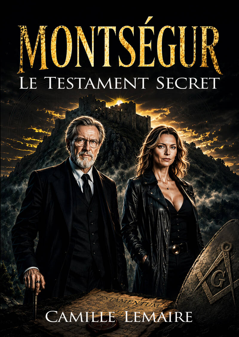 Couverture du thriller ésotérique Montségur – Le Testament Secret, de Camille Lemaire, représentant deux personnages devant une forteresse médiévale.