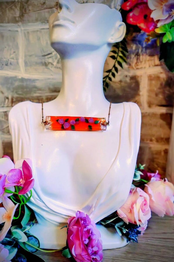 Collier barrette orange et mauveChaîne acier inoxydable, longueur 20 cm