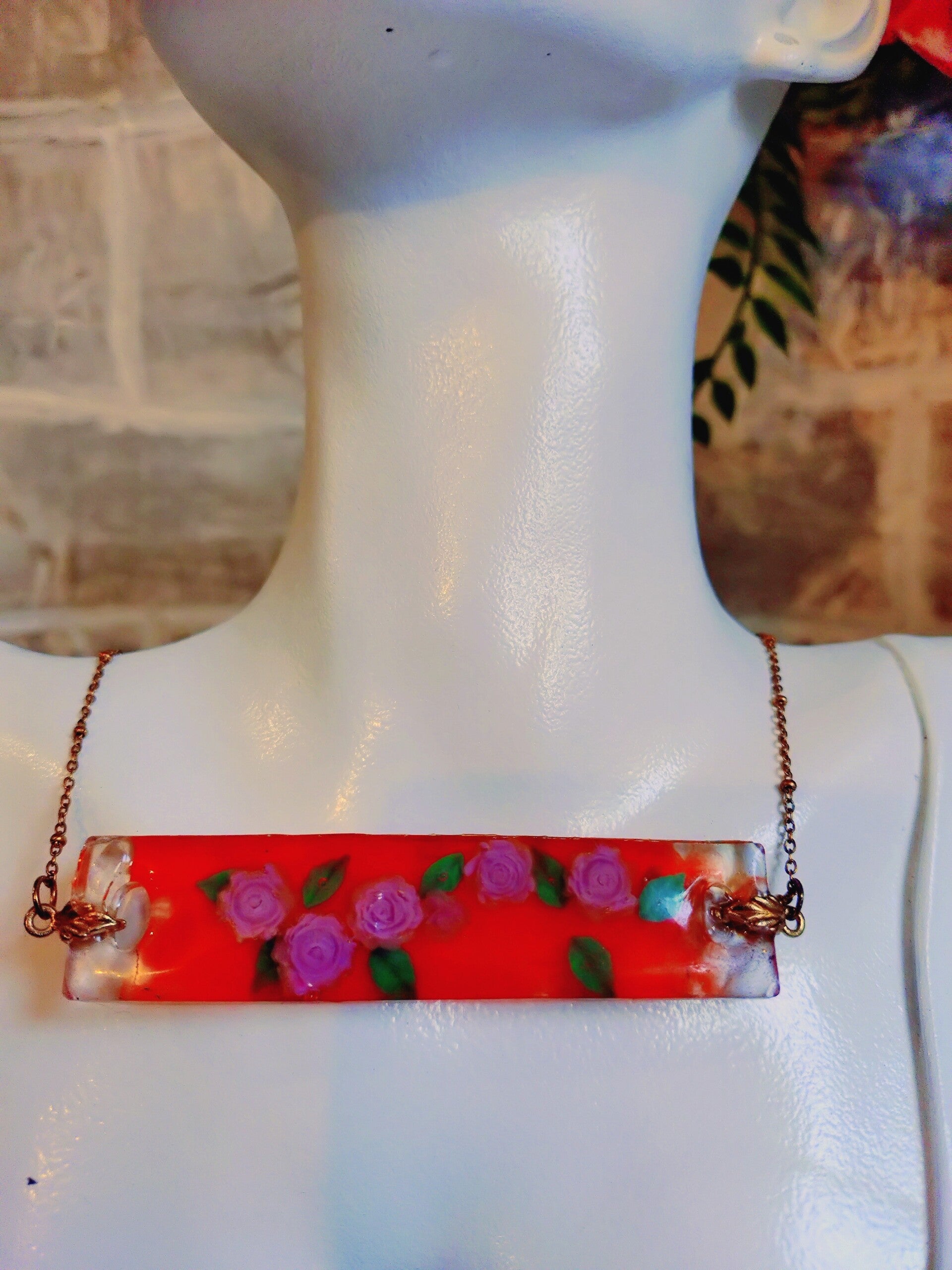 Collier médaillon barrette orange et mauve