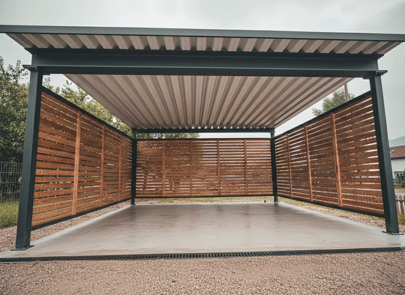 Moderner Carport mit grauem Stahlgestell, Holz-Sichtschutz und sauberem Betonboden bei sanftem Licht.