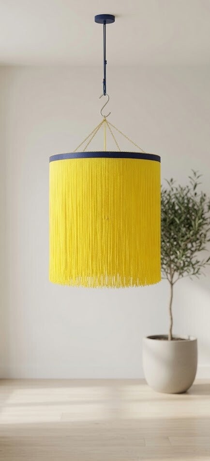 Artisan Textile Pendant Light – Yellow Silk Fringe Sculpture with Blue Ribbon Detail