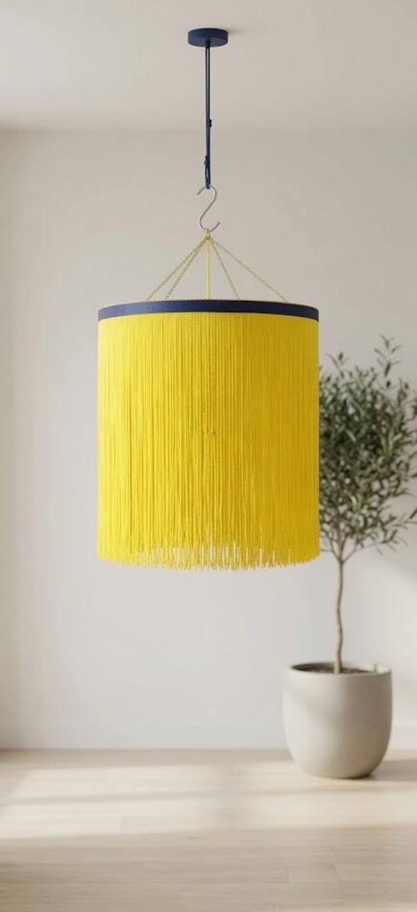 Artisan Textile Pendant Light – Yellow Silk Fringe Sculpture with Blue Ribbon Detail