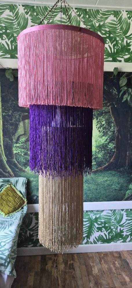 Handcrafted Textile Art Lamp – Layered Silk Fringe Statement Chandelier