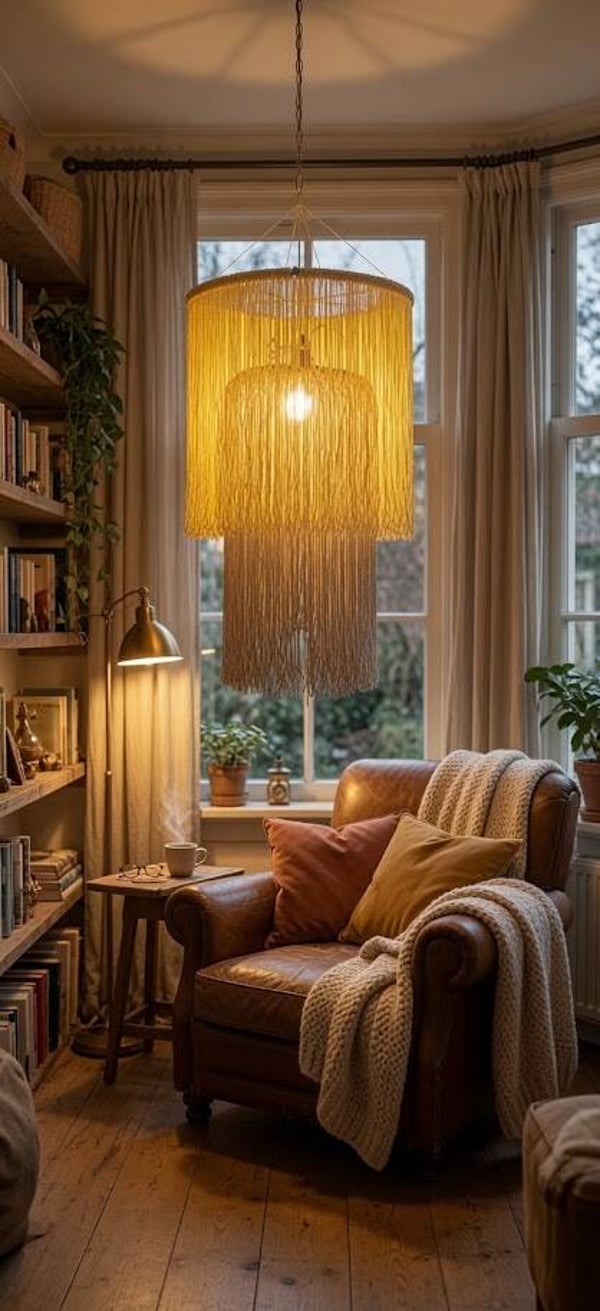 Organic Silk Fringe Sculpture Light – Handcrafted Two-Tone Textile Chandelier  Option B:
