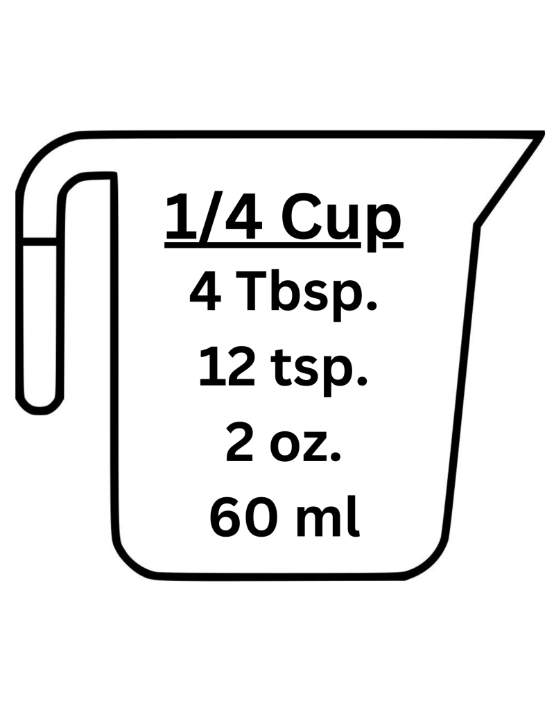 1/4 cup equivalents. 1/4 cup equals 4 Tbsp. 12 tsp. 2 fl.oz and 60 milliliters