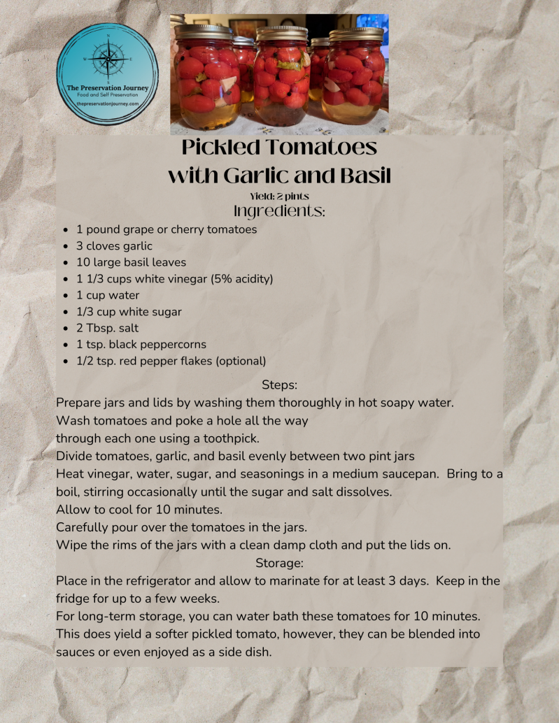 Printable recipe for pickled grape tomatoes with garlic and basil