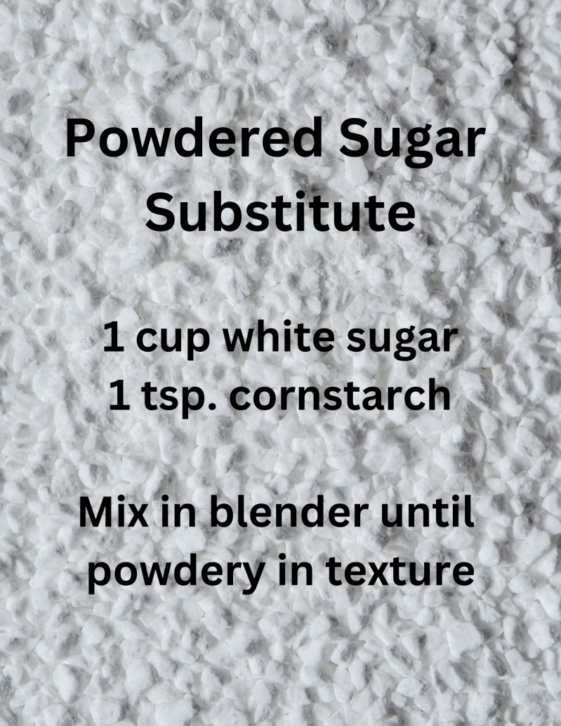 Powdered sugar substitute: 1 cup white sugar, 1 tsp cornstarch, mix in blender until powdery in texture