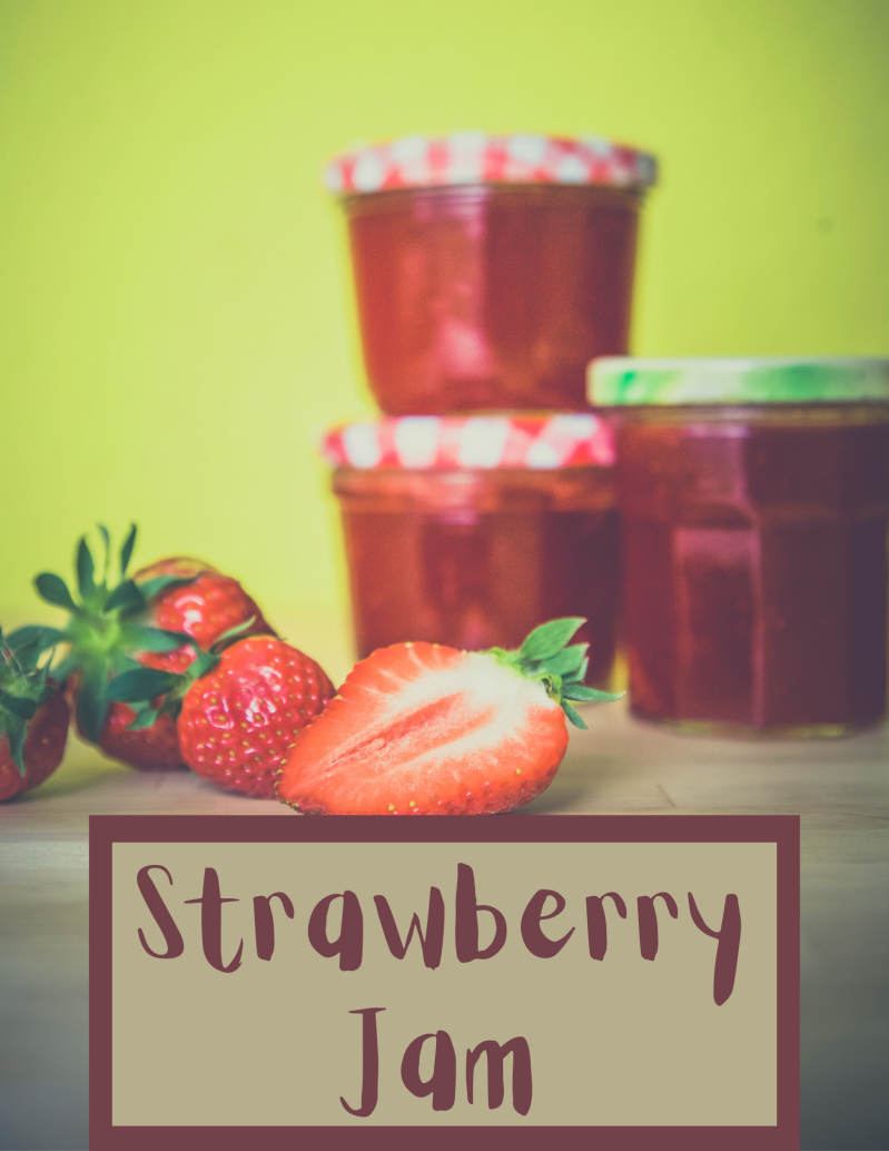 photo with jars of strawberry jam and some fresh strawberries next to them