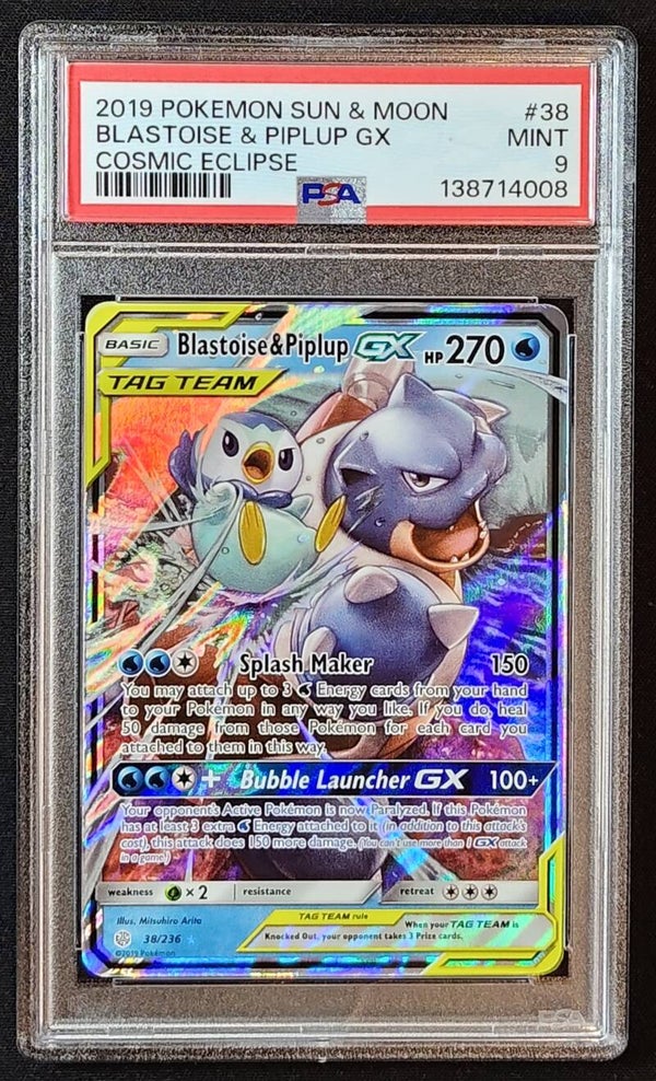 PSA MINT 9 - BLASTOISE & PIPLUP GX 2019 POKEMON SUN & MOON COSMIC ECLIPSE #38/236 - TAG TEAM GX - Shadow TCG