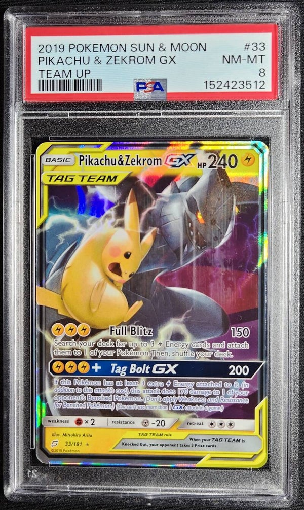 PSA NM-MT 8 - PIKACHU & ZEKROM GX 2019 POKEMON SUN & MOON TEAM UP #33 - TEAM UP - Shadow TCG.