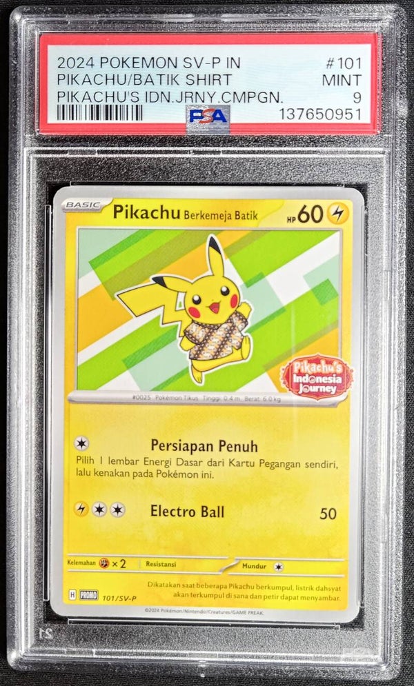 PSA MINT 9 - PIKACHU BATIK SHIRT 2024 POKEMON INDONESIAN SV-P PROMO #101/SV-P - PIKACHU'S INDONESIA JOURNEY CAMPAIGN - Shadow TCG.