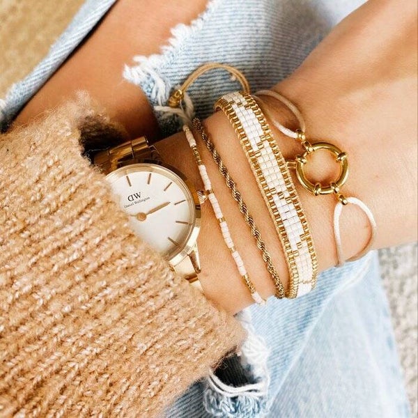 Weefarmband Wit/champagne/goud