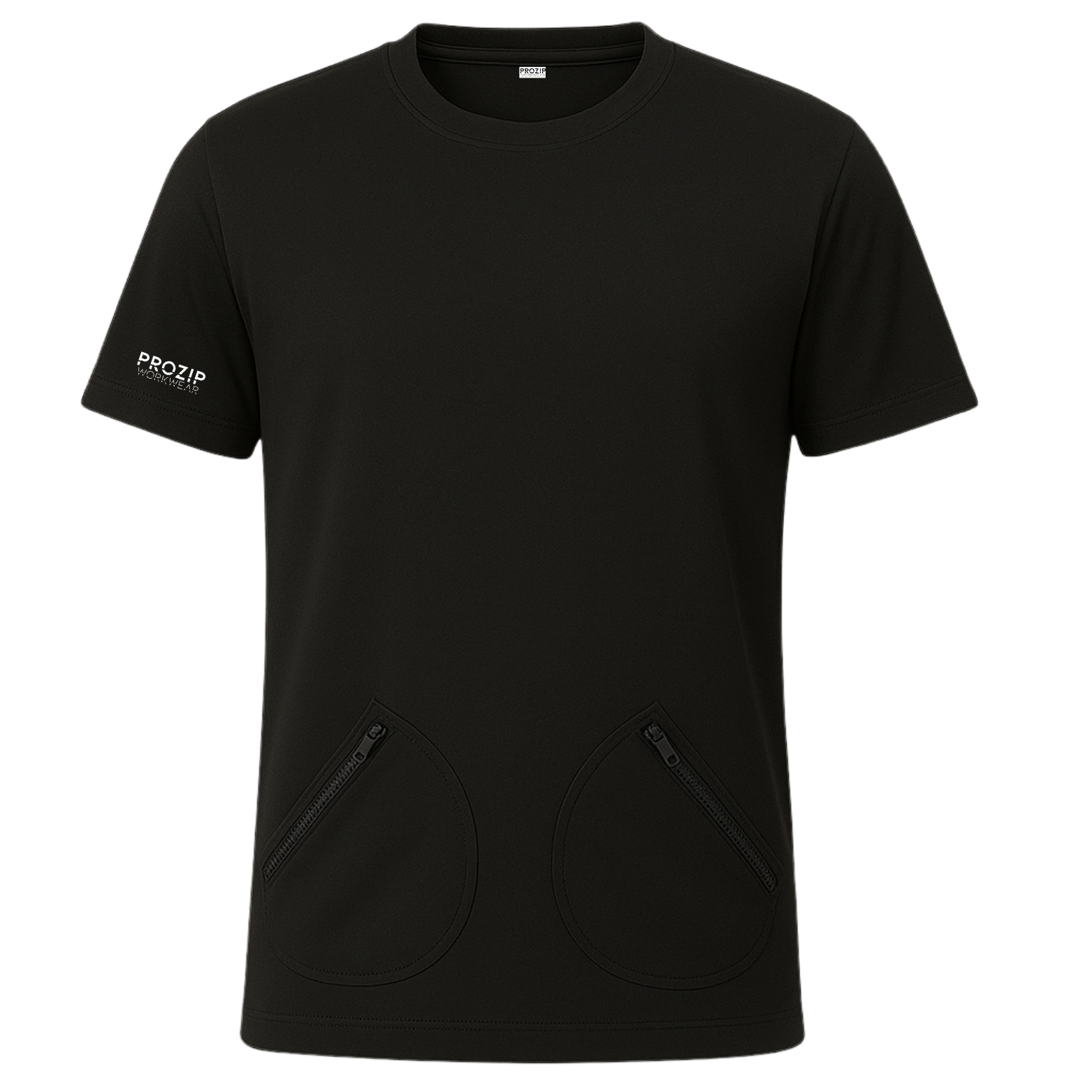 Musta t-paita taskuilla. Sopii yksityisille ammattilaisille, joiden työssä ei vaadita heijastinvaatetusta.