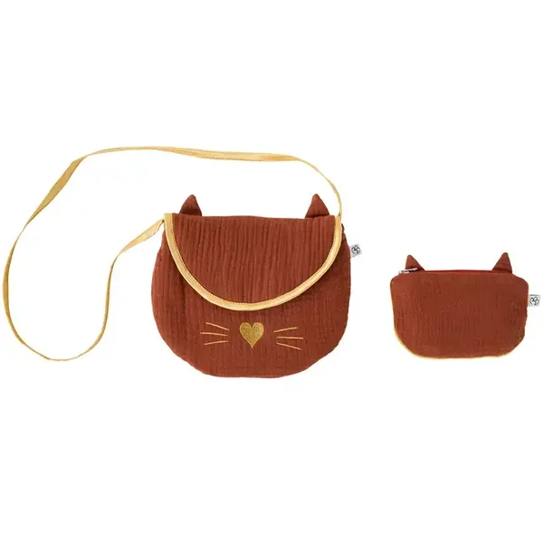 Sac bandoulière + porte-monnaie Chat - toffee / or