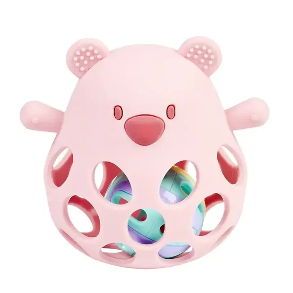 Hochet en silicone avec ourson à balle - 11 cm - rose poudré