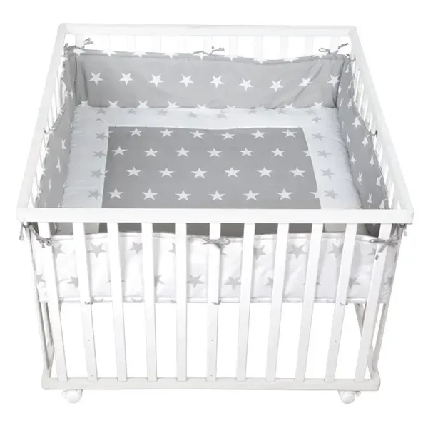 Parc de jeu « Little Stars », 100 x 100 cm, sécurisé, incl. coussin de protection et roulettes, blanc