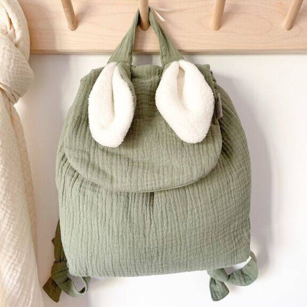 Sac à dos enfant oreilles lapin double gaze kaki