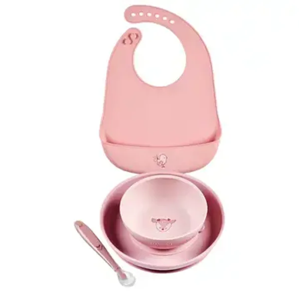 Nouveau  Set de dîner pour enfants en silicone 4 pièces avec ventouse - Rose