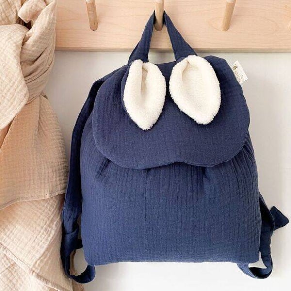 Sac à dos enfant oreilles lapin double gaze bleu indigo