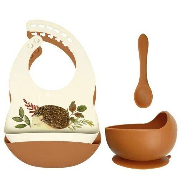 Set bavoirs silicone + bol avec ventouse et cuillère - Hérisson Rouille  Rammelaartje Rammelaartje