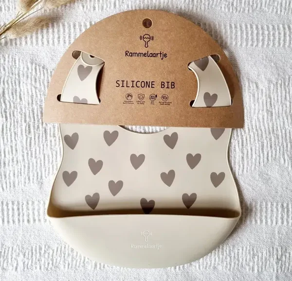 Bavoir en silicone avec bac de récupération Coeurs - Beige