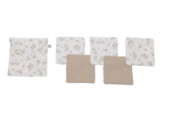 Lingettes lavables & pochette assortie imp. feuilles / biscuit Lingettes lavables