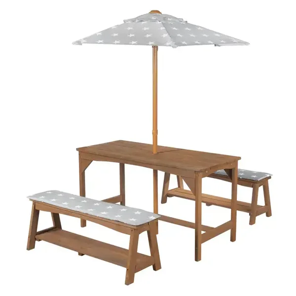 Ensemble extérieur roba avec 1 table, 2 bancs, parasol et coussins