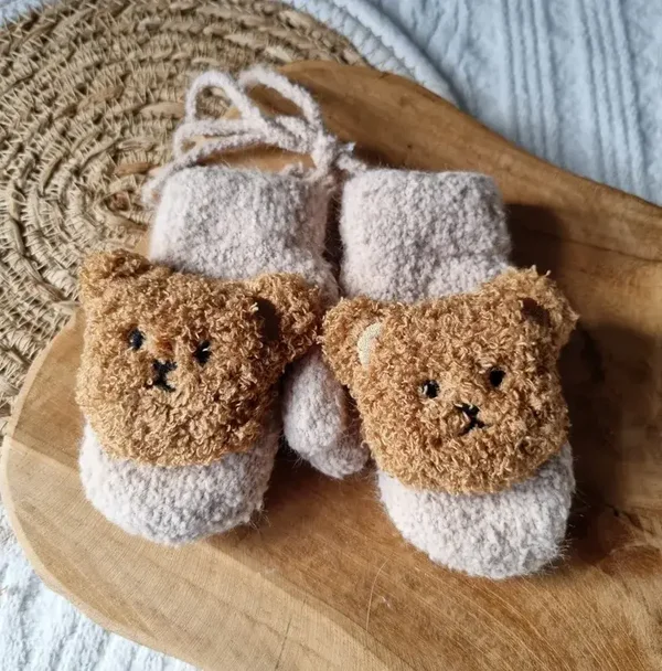 Gants/Moufles pour bébé avec ours en peluche - Sable