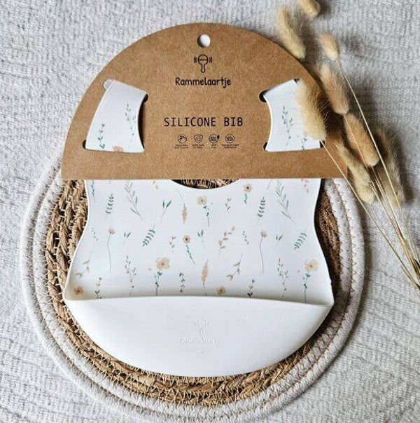 Bavoir silicone Blanc - Printemps imprimé fleurs sauvages  Rammelaartje Rammelaartje