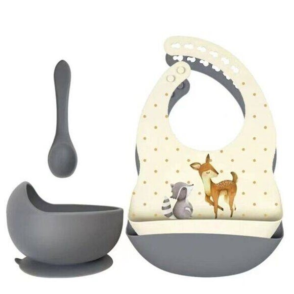 Set bavoirs silicone + bol avec ventouse et cuillère - Cerf & Raton laveur Gris Bleu  Rammelaartje Rammelaartje