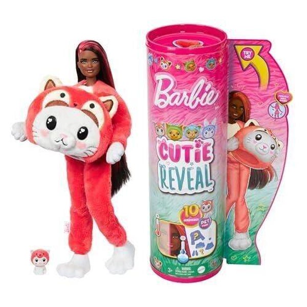 Mattel - Réf : HRK23 - Barbie Coffret Cutie Reveal Avec Poupée Articulée Cheveux Noirs Mèches Rouges, Chaton Panda, 10 Surprises Et Accessoires Inclus, À Collectionner, Jouet Enfant, A Partir De 3 Ans  Mattel Mattel