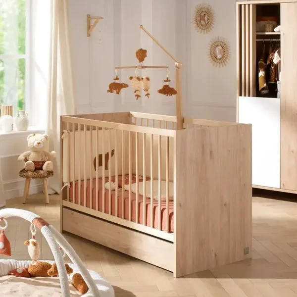 Lit bébé 120x60 à barreaux en bois décor chêne suave - TOKYO