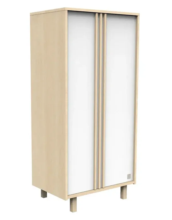 Armoire 2 portes en décor chêne velours et blanc avec appliques en bois - NATURE